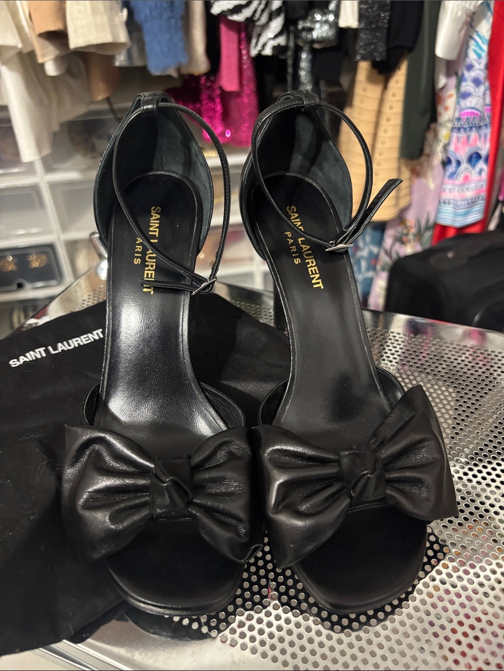Saint Laurent Black Leather Bow Ankle-Strap Heels